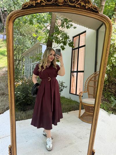 Matilda Kısa Kollu Pamuk Saten Elbise Mürdüm