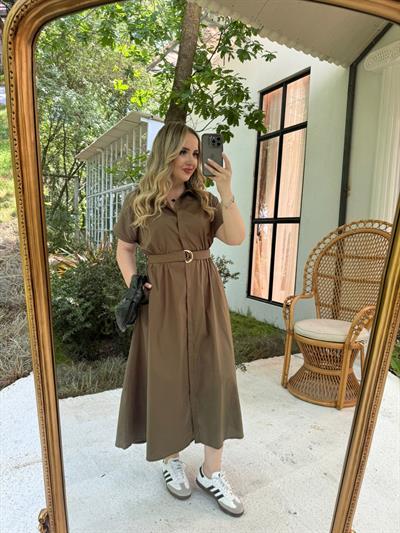 Matilda Kısa Kollu Pamuk Saten Elbise Haki