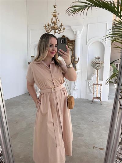 Matilda Kısa Kollu Pamuk Saten Elbise Bej