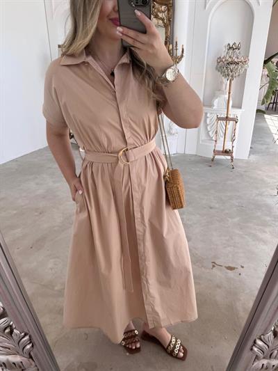 Matilda Kısa Kollu Pamuk Saten Elbise Bej