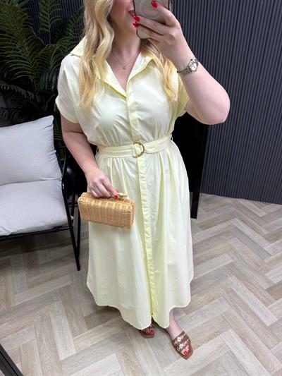 Matilda Kısa Kollu Pamuk Saten Elbise Limon Sarı