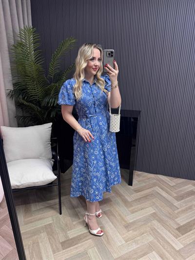 Mavi Balon Kol Tasarım Brode Elbise