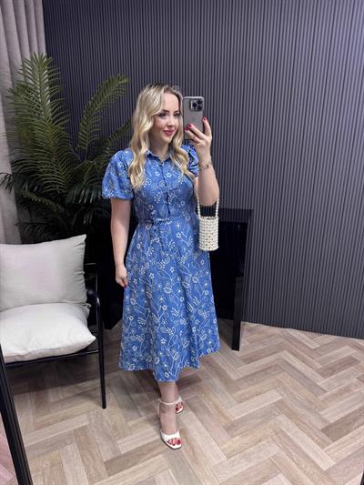 Mavi Balon Kol Tasarım Brode Elbise