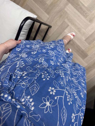 Mavi Balon Kol Tasarım Brode Elbise