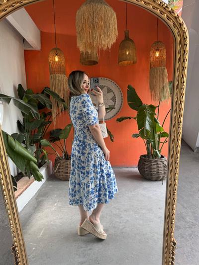 Mavi Çiçekli Beli Lastıklı Elbise