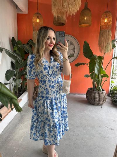 Mavi Çiçekli Beli Lastıklı Elbise