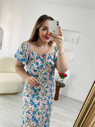 Mavi Çiçekli Diana Elbise
