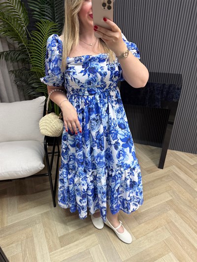Mavi Çiçekli Kare Yaka Elbise 