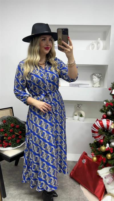 Mavi Desenli Düğmeli Gömlek Elbise