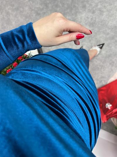 Maxi Boy Drapeli Kadife Elbise Petrol