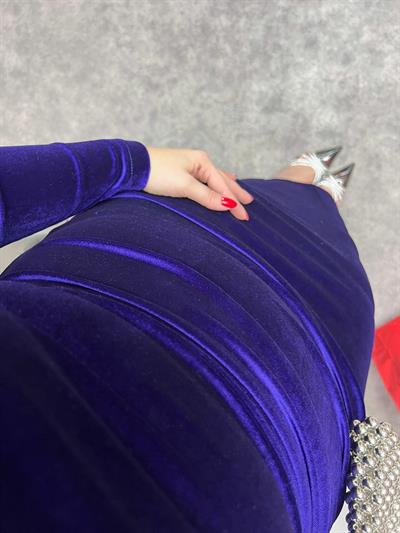 Maxi Boy Kadife Drapeli  Elbise Mor