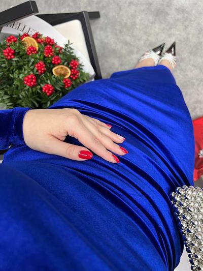 Maxi Boy Kadife Drapeli  Elbise Saks