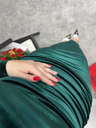 Maxi Boy Kadife Drapeli  Elbise Zümrüt