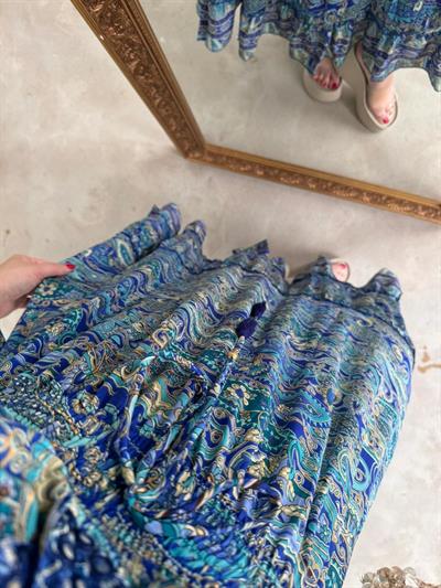 Maya Lacivert Yaka Taşlı İthal İpek Saten Elbise Yeşil Mavi Desenli