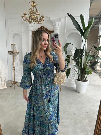 Maya Lacivert Yaka Taşlı İthal İpek Saten Elbise Yeşil Mavi Desenli