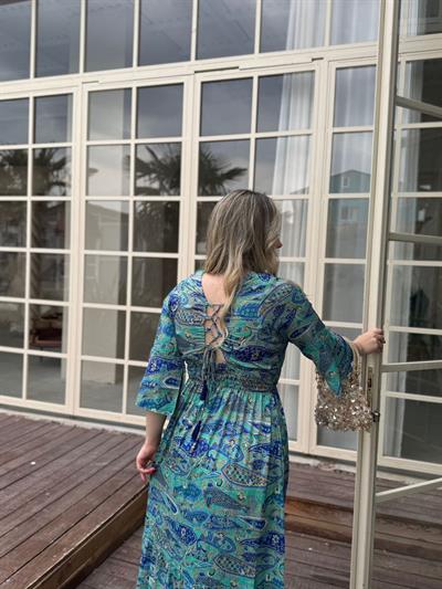 Maya Lacivert Yaka Taşlı İthal İpek Saten Elbise Yeşil Mavi Desenli