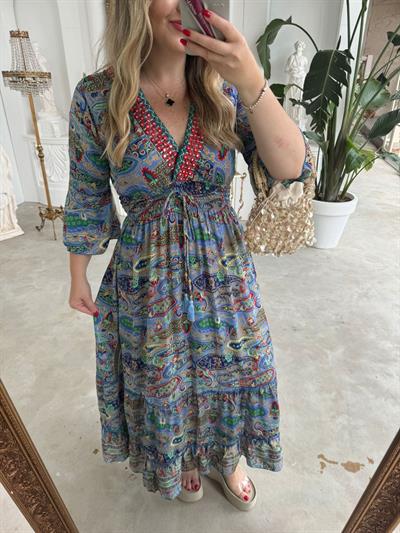 Maya Pembe Yaka Taşlı İthal İpek Saten Mavi Elbise