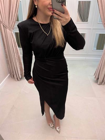 Maya Vatkalı Drapeli Tasarım Elbise Siyah