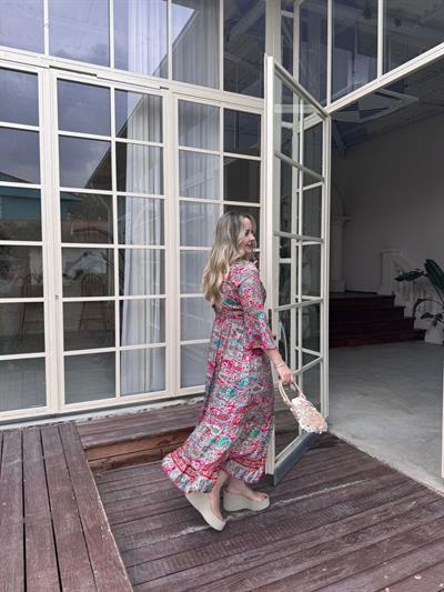 Maya Yaka Taşlı İthal İpek Saten Pembe Desenli Elbise