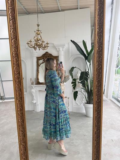 Maya Yeşil Aka Taşlı İthal İpek Saten Mavi-Yeşil Desenli Elbise