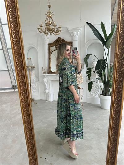 Maya Yeşil Yaka Taşlı İthal İpek Saten Yeşil Elbise