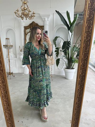 Maya Yeşil Yaka Taşlı İthal İpek Saten Yeşil Elbise