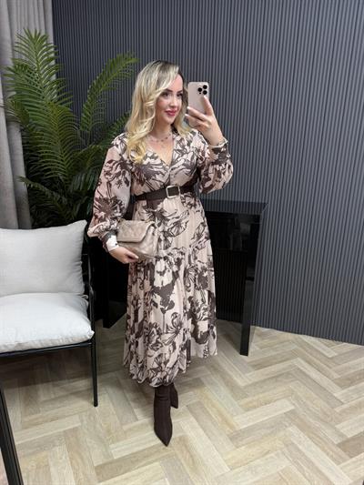 Melodi Beli Lastıklı Şifon Elbise Acı Kahve