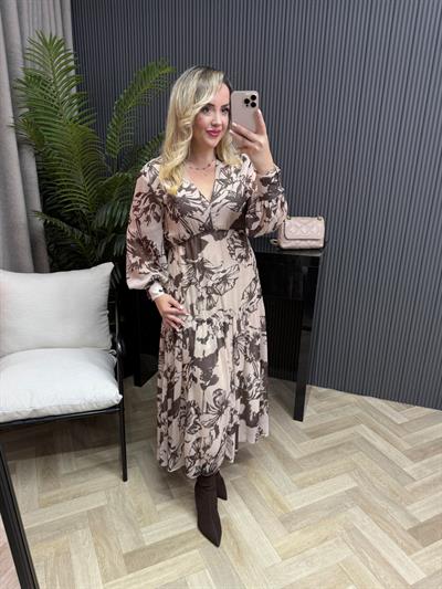 Melodi Beli Lastıklı Şifon Elbise Acı Kahve