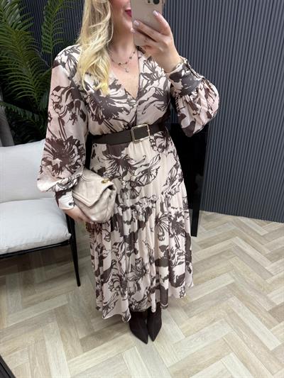 Melodi Beli Lastıklı Şifon Elbise Acı Kahve