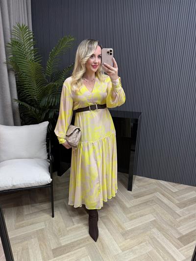 Melodi Beli Lastıklı Şifon Elbise Sarı