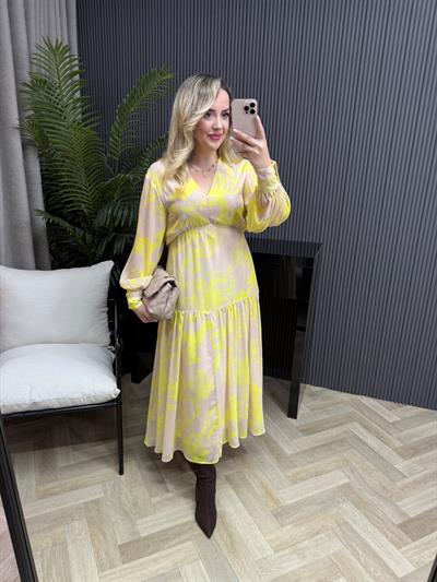 Melodi Beli Lastıklı Şifon Elbise Sarı