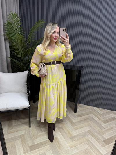 Melodi Beli Lastıklı Şifon Elbise Sarı