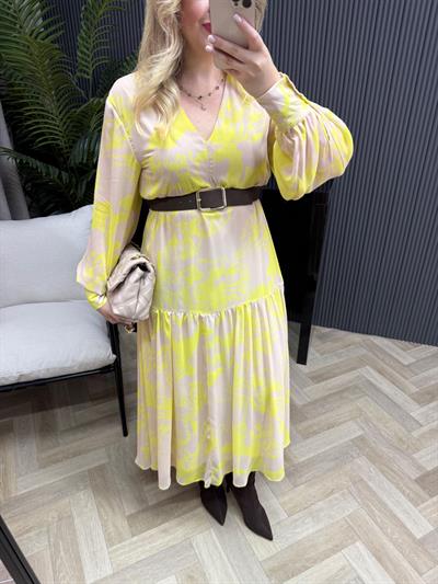 Melodi Beli Lastıklı Şifon Elbise Sarı