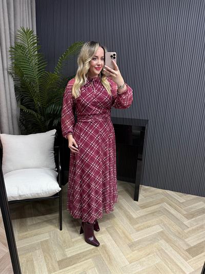 Melody Büzgülü Bel Detaylı Tül Elbise Bordo Ekose