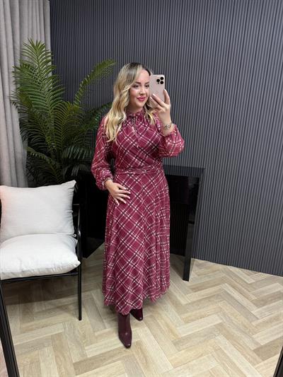 Melody Büzgülü Bel Detaylı Tül Elbise Bordo Ekose