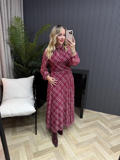 Melody Büzgülü Bel Detaylı Tül Elbise Bordo Ekose