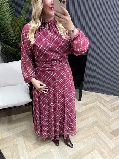 Melody Büzgülü Bel Detaylı Tül Elbise Bordo Ekose