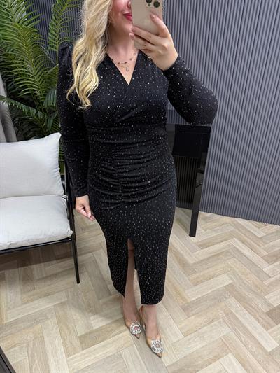 Milly Vatkalı Drapeli Özel Kumaş Taşlı Elbise Siyah