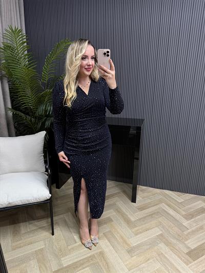 Milly Vatkalı Drapeli Özel Kumaş Taşlı Elbise Lacivert