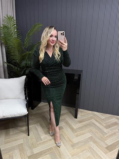 Milly Vatkalı Drapeli Özel Kumaş Taşlı Elbise Zümrüt