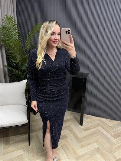 Milly Vatkalı Drapeli Özel Kumaş Taşlı Elbise Lacivert