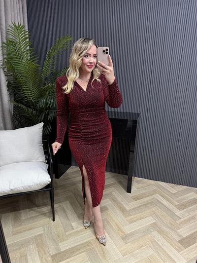 Milly Vatkalı Drapeli Özel Kumaş Taşlı Elbise Bordo