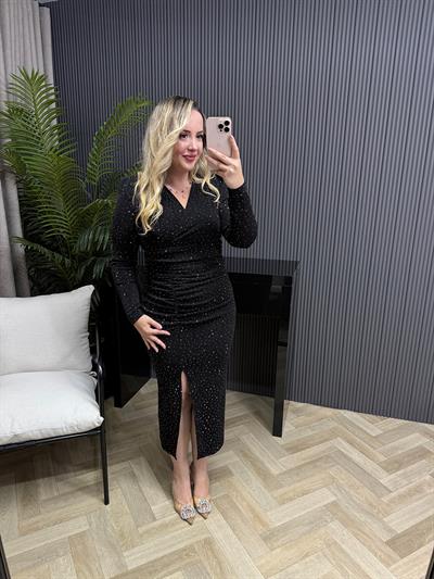 Milly Vatkalı Drapeli Özel Kumaş Taşlı Elbise Siyah