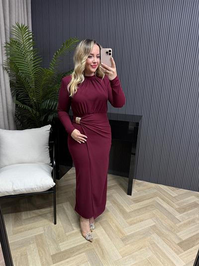 Minel Gold Broş Detaylı Elbise Bordo