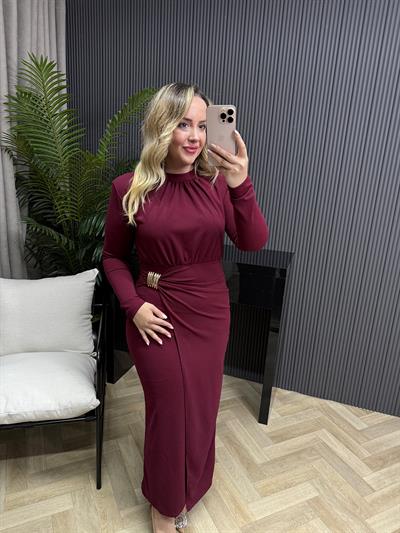 Minel Gold Broş Detaylı Elbise Bordo