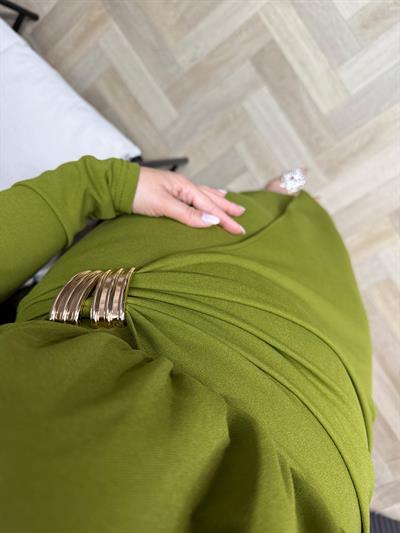 Minel Gold Broş Detaylı Elbise Olive