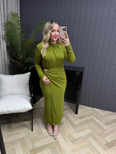 Minel Gold Broş Detaylı Elbise Olive