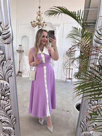 Mira İnci Düğmeli Tasarım Elbise Lila