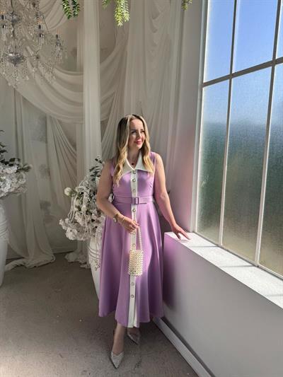 Mira İnci Düğmeli Tasarım Elbise Lila