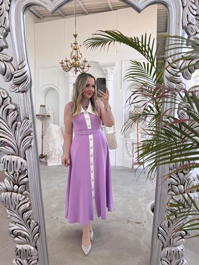 Mira İnci Düğmeli Tasarım Elbise Lila